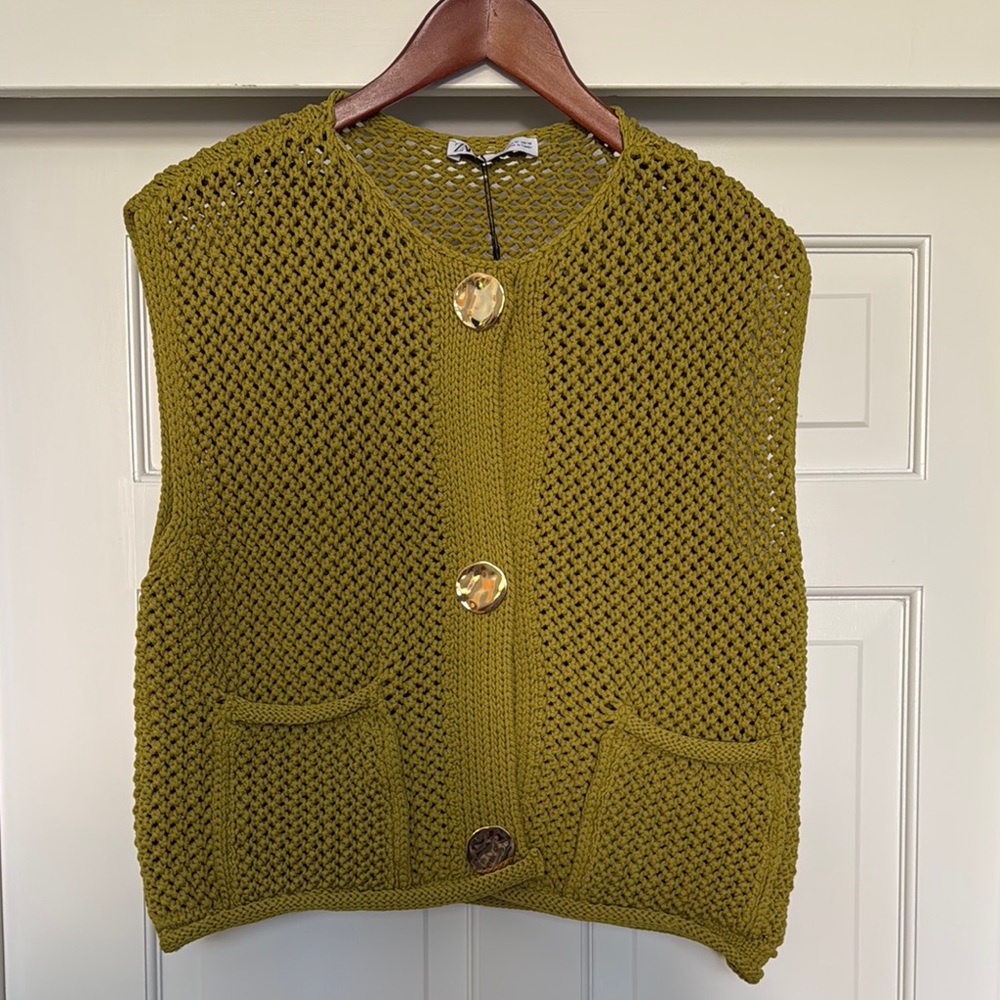 Handmade Olive Green Knit Vest with Large Buttons